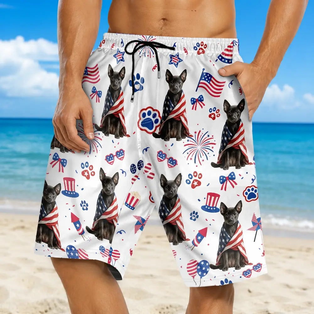 Custom Photo, Art Design, Summer, Pet Lovers, Playful, Photo - US Theme Accessories 3D Cartoon - Custom Photo 3D Cartoon With US Accessories Happy Summer Dog Cat Pet - Personalized Unisex Beach Shorts