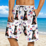 Custom Photo, Art Design, Summer, Pet Lovers, Playful, Photo - US Theme Accessories 3D Cartoon - Custom Photo 3D Cartoon With US Accessories Happy Summer Dog Cat Pet - Personalized Unisex Beach Shorts