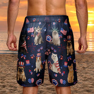 Custom Photo, Art Design, Summer, Pet Lovers, Playful, Photo - US Theme Accessories 3D Cartoon - Custom Photo 3D Cartoon With US Accessories Happy Summer Dog Cat Pet - Personalized Unisex Beach Shorts
