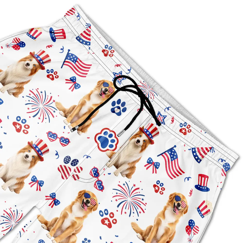 Custom Photo, Art Design, Summer, Pet Lovers, Playful, Photo - US Theme Accessories 3D Cartoon - Custom Photo 3D Cartoon With US Accessories Happy Summer Dog Cat Pet - Personalized Unisex Beach Shorts