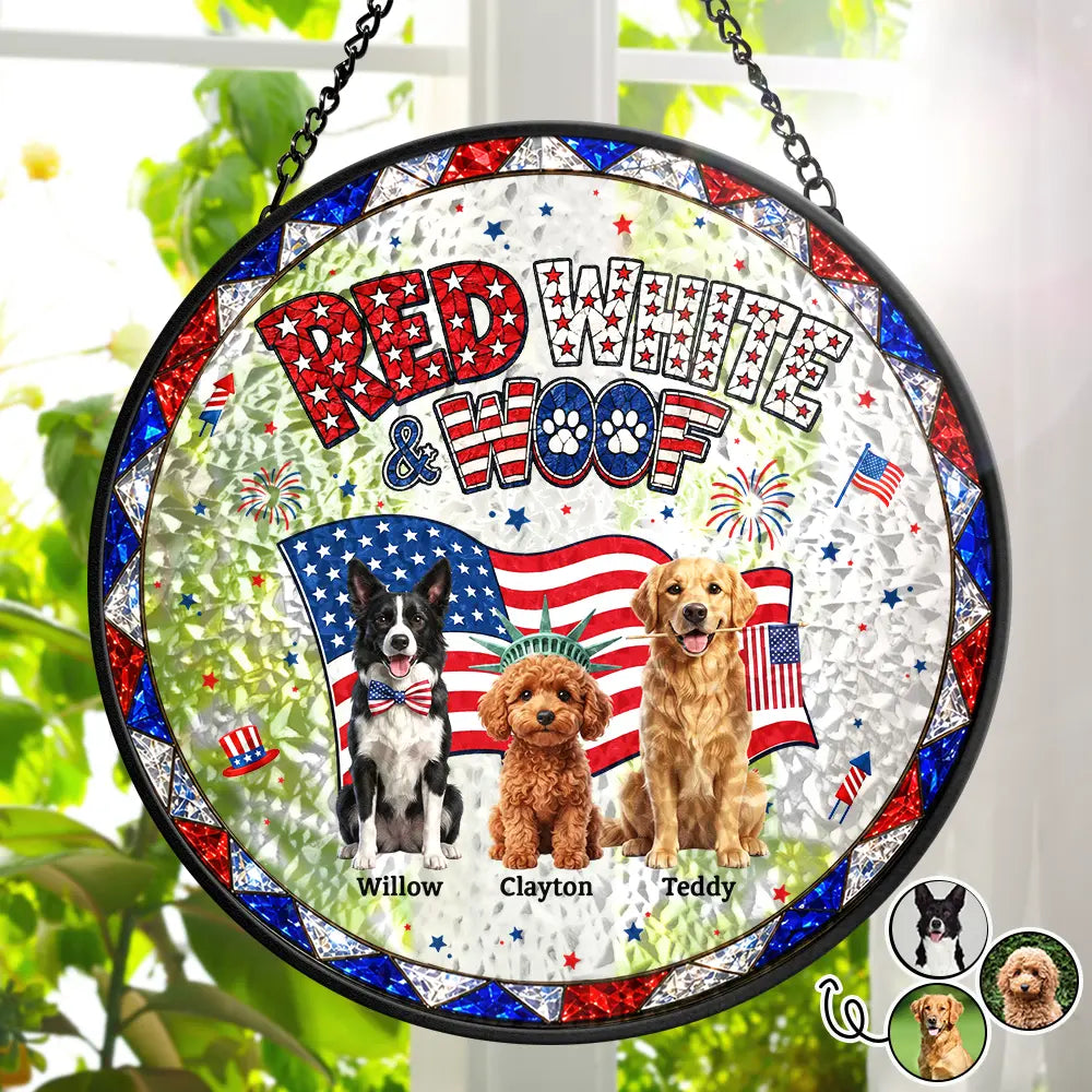 America 250th, Custom Photo, Independence Day, Art Design, Pet Lovers, Playful, Photo - US Theme Accessories 3D Cartoon - Custom Photo 3D Cartoon With US Accessories Red White Woof - Personalized Stained Glass Window Hanging Suncatcher