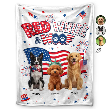 Custom Photo 3D Cartoon With US Accessories Red White Woof - Personalized Fleece Blanket, Sherpa Blanket