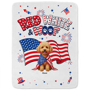 America 250th,Custom Photo,Independence Day,Art Design,Pet Lovers,Playful,Photo - US Theme Accessories 3D Cartoon - Custom Photo 3D Cartoon With US Accessories Red White Woof - Personalized Fleece Blanket, Sherpa Blanket