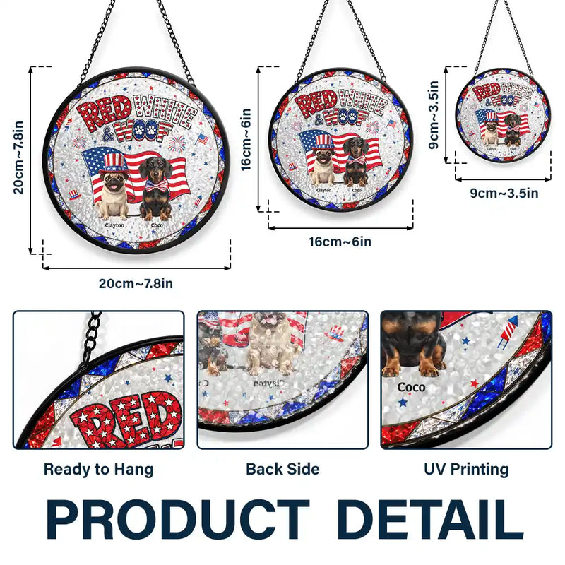America 250th, Custom Photo, Independence Day, Art Design, Pet Lovers, Playful, Photo - US Theme Accessories 3D Cartoon - Custom Photo 3D Cartoon With US Accessories Red White Woof - Personalized Stained Glass Window Hanging Suncatcher