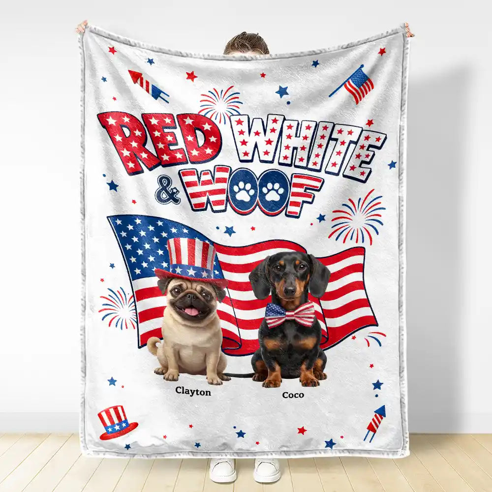 America 250th,Custom Photo,Independence Day,Art Design,Pet Lovers,Playful,Photo - US Theme Accessories 3D Cartoon - Custom Photo 3D Cartoon With US Accessories Red White Woof - Personalized Fleece Blanket, Sherpa Blanket