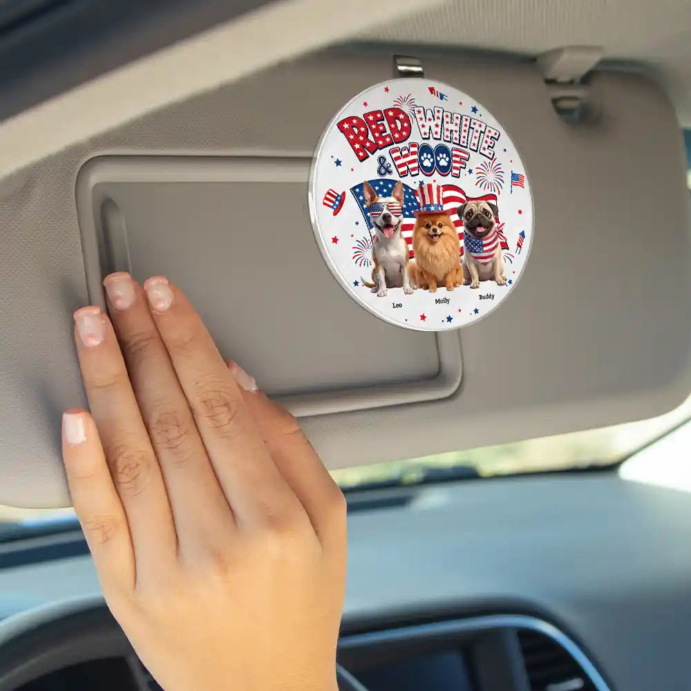 America 250th, Custom Photo, Independence Day, Art Design, Pet Lovers, Playful, Photo - US Theme Accessories 3D Cartoon - Custom Photo 3D Cartoon With US Accessories Red White Woof - Personalized Custom Shaped Acrylic Car Visor Clip