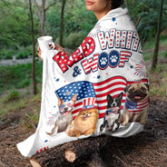 America 250th,Custom Photo,Independence Day,Art Design,Pet Lovers,Playful,Photo - US Theme Accessories 3D Cartoon - Custom Photo 3D Cartoon With US Accessories Red White Woof - Personalized Fleece Blanket, Sherpa Blanket