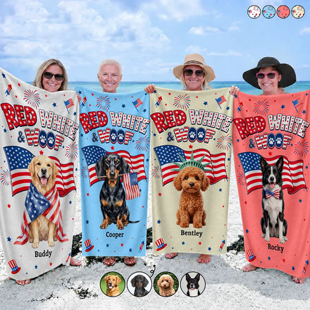 Custom Photo 3D Cartoon With US Accessories Red White Woof - Personalized Beach Towel