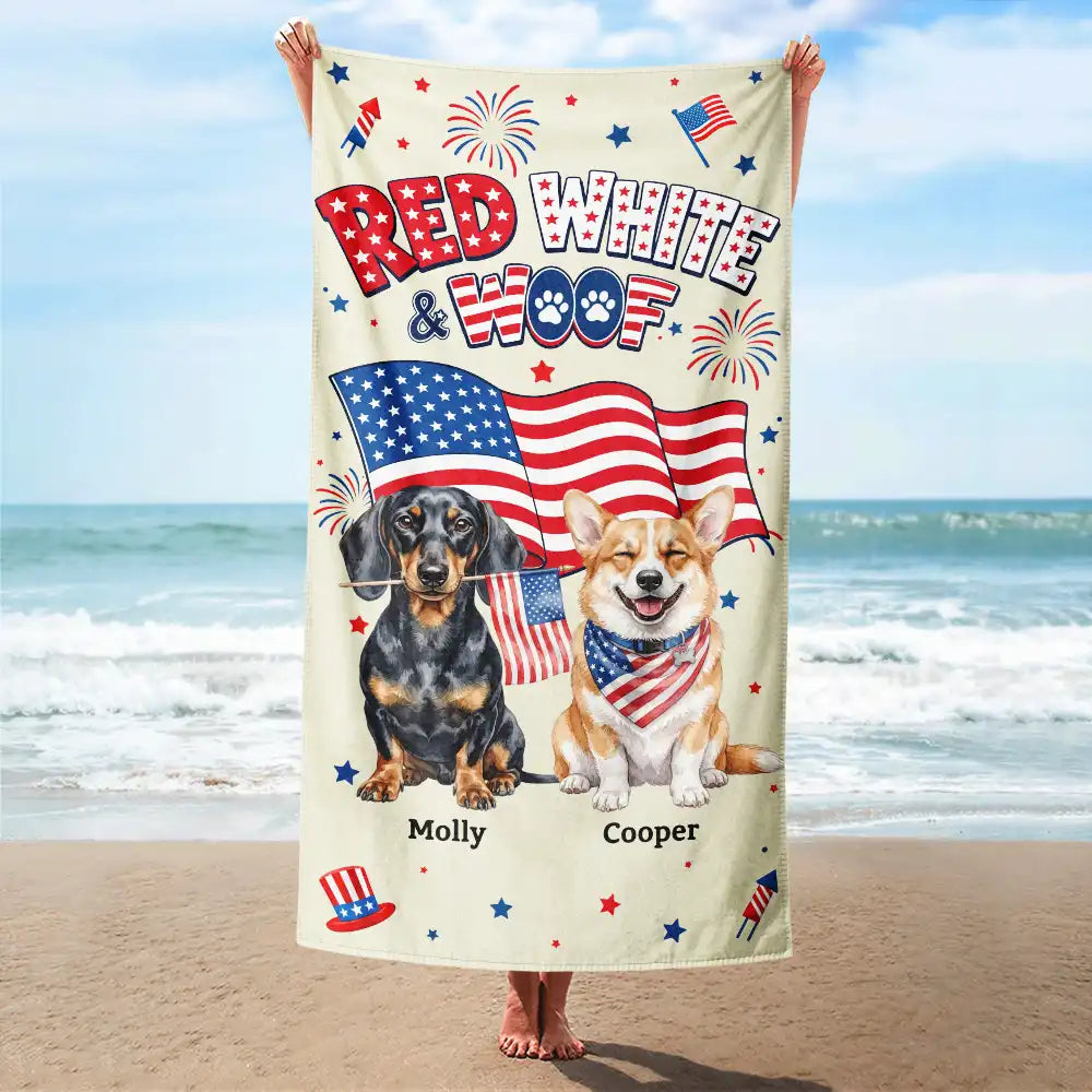 America 250th, Custom Photo, Independence Day, Art Design, Pet Lovers, Playful, Photo - US Theme Accessories 3D Cartoon - Custom Photo 3D Cartoon With US Accessories Red White Woof - Personalized Beach Towel