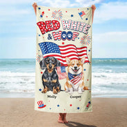 America 250th, Custom Photo, Independence Day, Art Design, Pet Lovers, Playful, Photo - US Theme Accessories 3D Cartoon - Custom Photo 3D Cartoon With US Accessories Red White Woof - Personalized Beach Towel