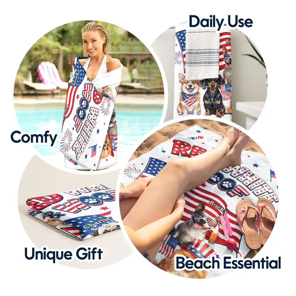 America 250th, Custom Photo, Independence Day, Art Design, Pet Lovers, Playful, Photo - US Theme Accessories 3D Cartoon - Custom Photo 3D Cartoon With US Accessories Red White Woof - Personalized Beach Towel