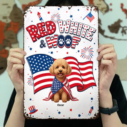 America 250th,Custom Photo,Independence Day,Art Design,Pet Lovers,Playful,Photo - US Theme Accessories 3D Cartoon - Custom Photo 3D Cartoon With US Accessories Red White Woof - Personalized Classic Metal Signs