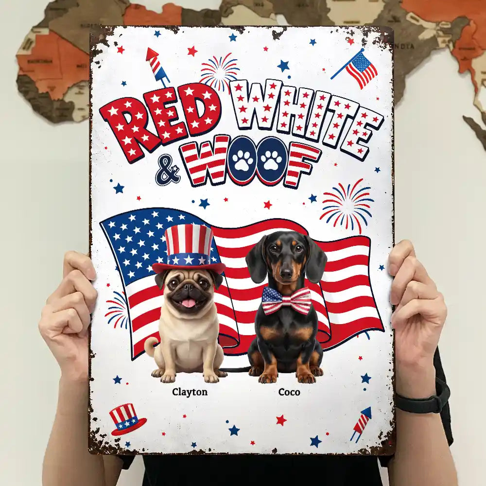 America 250th,Custom Photo,Independence Day,Art Design,Pet Lovers,Playful,Photo - US Theme Accessories 3D Cartoon - Custom Photo 3D Cartoon With US Accessories Red White Woof - Personalized Classic Metal Signs