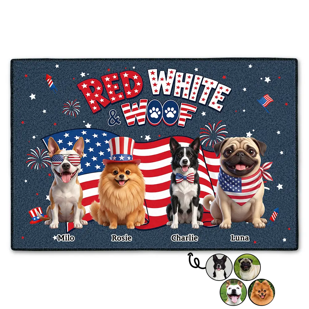 Custom Photo 3D Cartoon With US Accessories Red White Woof - Personalized Doormat