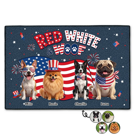 Custom Photo 3D Cartoon With US Accessories Red White Woof - Personalized Doormat