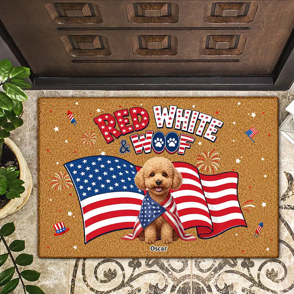 America 250th,Custom Photo,Independence Day,Art Design,Pet Lovers,Playful,Photo - US Theme Accessories 3D Cartoon - Custom Photo 3D Cartoon With US Accessories Red White Woof - Personalized Doormat