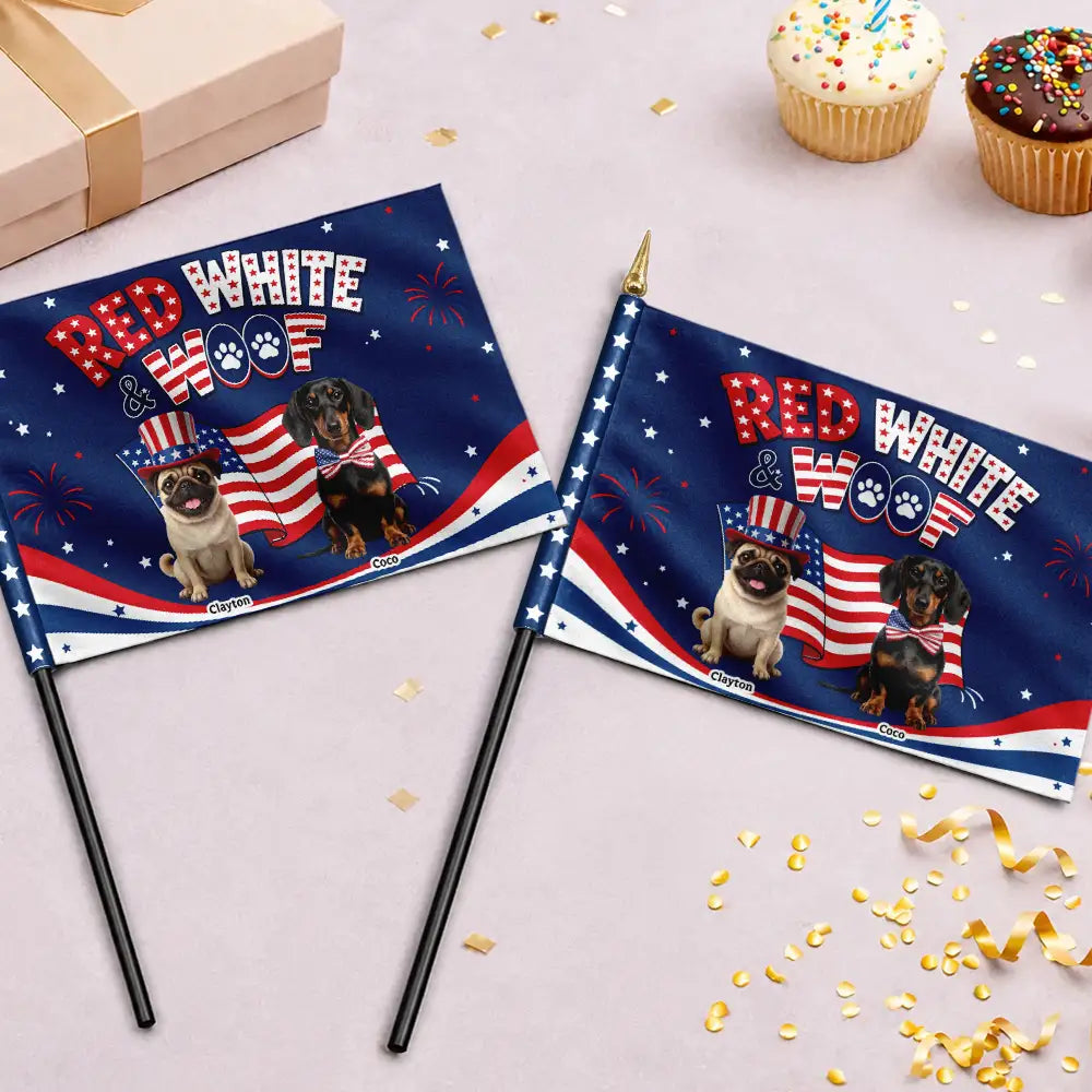 America 250th,Custom Photo,Independence Day,Art Design,Family,Proud,Photo - US Theme Accessories 3D Cartoon - Custom Photo 3D Cartoon With US Accessories Red White Woof - Personalized Handheld Flag