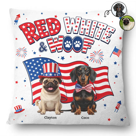 Custom Photo 3D Cartoon With US Accessories Red White Woof - Personalized Pillow