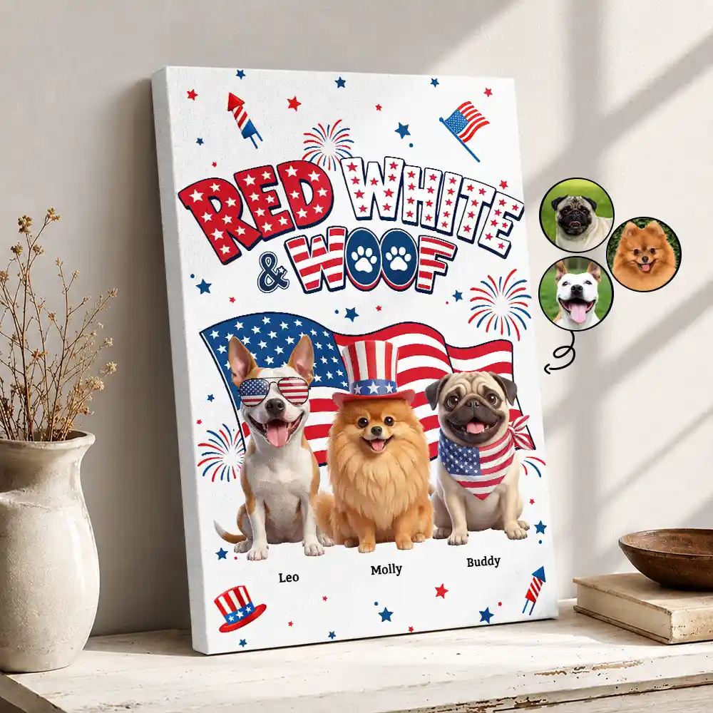 America 250th,Custom Photo,Independence Day,Art Design,Pet Lovers,Playful,Photo - US Theme Accessories 3D Cartoon - Custom Photo 3D Cartoon With US Accessories Red White Woof - Personalized Poster