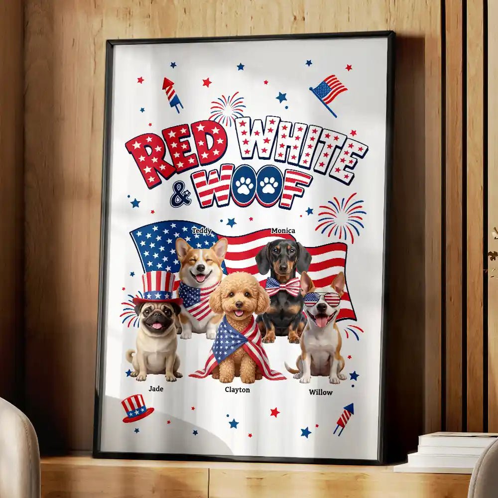 America 250th,Custom Photo,Independence Day,Art Design,Pet Lovers,Playful,Photo - US Theme Accessories 3D Cartoon - Custom Photo 3D Cartoon With US Accessories Red White Woof - Personalized Poster