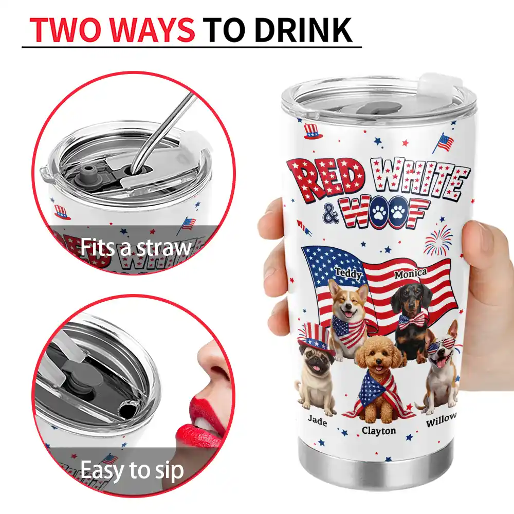 America 250th,Custom Photo,Independence Day,Art Design,Pet Lovers,Playful,Photo - US Theme Accessories 3D Cartoon - Custom Photo 3D Cartoon With US Accessories Red White Woof - Personalized Tumbler