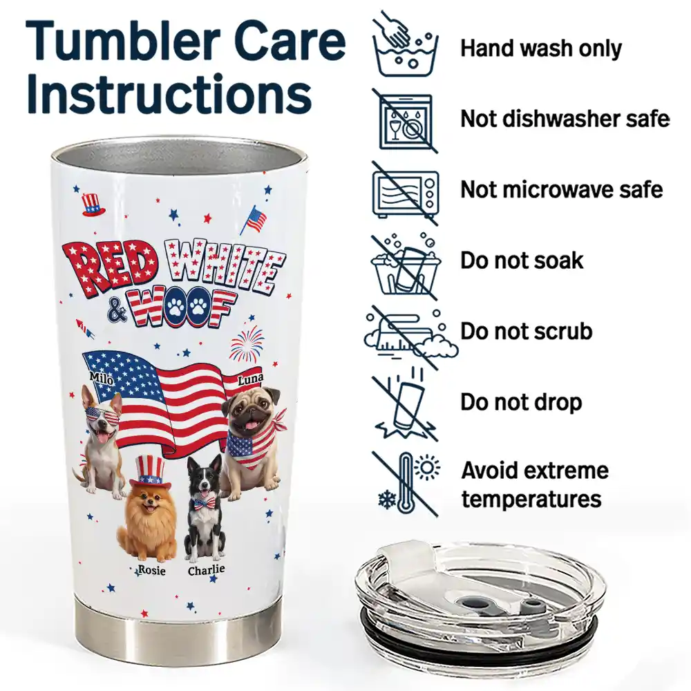 America 250th,Custom Photo,Independence Day,Art Design,Pet Lovers,Playful,Photo - US Theme Accessories 3D Cartoon - Custom Photo 3D Cartoon With US Accessories Red White Woof - Personalized Tumbler