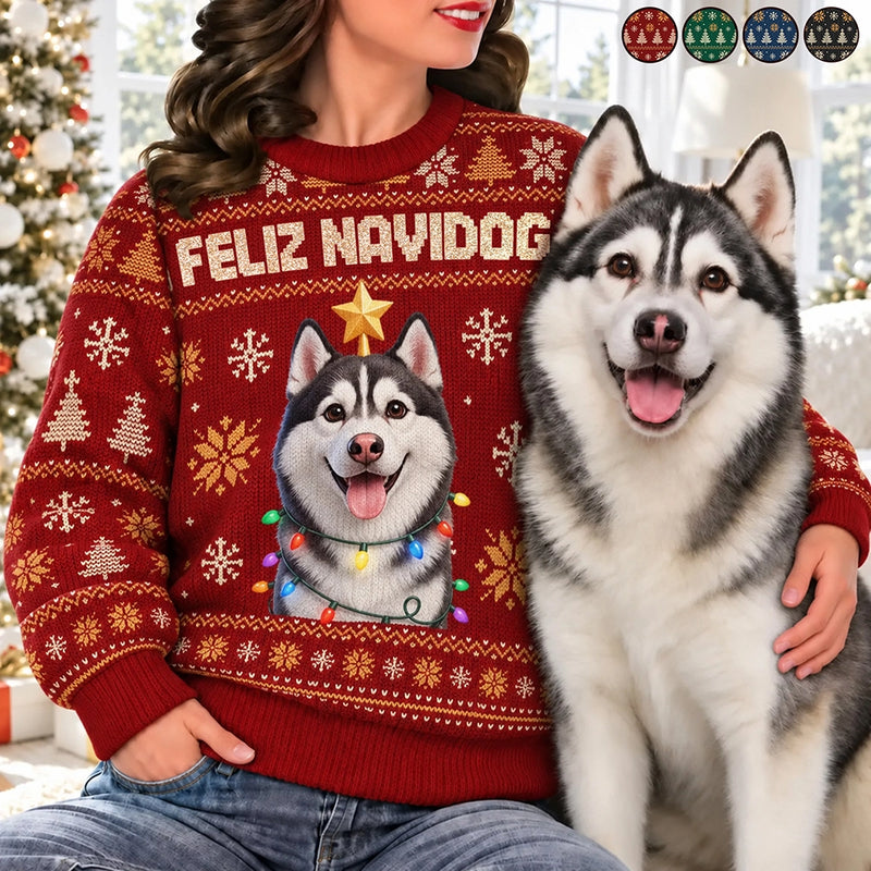 Art Design,Christmas,Pet Lovers,Photo - Christmas Accessories 3D Cartoon Pet,Happy - Custom Photo 3D Christmas Themed Pet Feliz Navidog Snowflake Pattern - Personalized Unisex Ugly Sweater