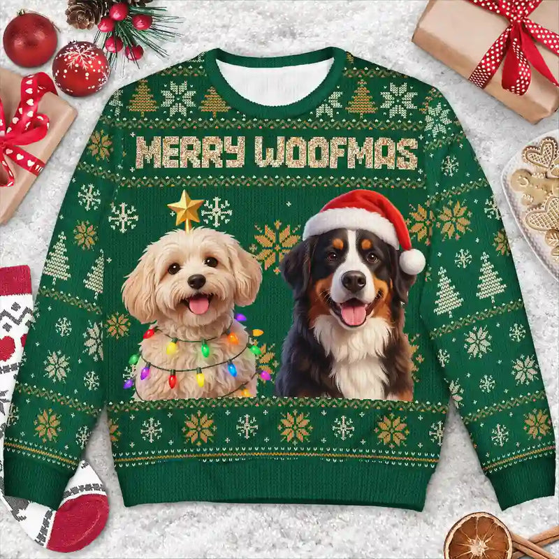 Art Design,Christmas,Pet Lovers,Photo - Christmas Accessories 3D Cartoon Pet,Happy - Custom Photo 3D Christmas Themed Pet Feliz Navidog Snowflake Pattern - Personalized Unisex Ugly Sweater