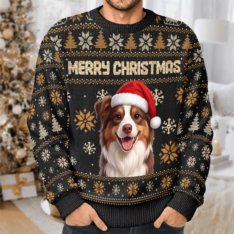 Art Design,Christmas,Pet Lovers,Photo - Christmas Accessories 3D Cartoon Pet,Happy - Custom Photo 3D Christmas Themed Pet Feliz Navidog Snowflake Pattern - Personalized Unisex Ugly Sweater