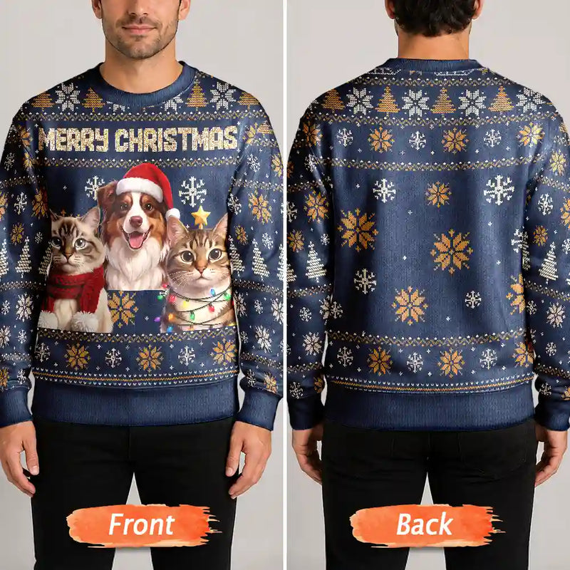 Art Design,Christmas,Pet Lovers,Photo - Christmas Accessories 3D Cartoon Pet,Happy - Custom Photo 3D Christmas Themed Pet Feliz Navidog Snowflake Pattern - Personalized Unisex Ugly Sweater