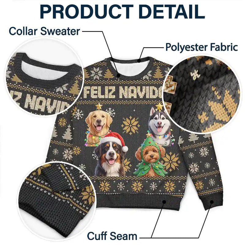 Art Design,Christmas,Pet Lovers,Photo - Christmas Accessories 3D Cartoon Pet,Happy - Custom Photo 3D Christmas Themed Pet Feliz Navidog Snowflake Pattern - Personalized Unisex Ugly Sweater