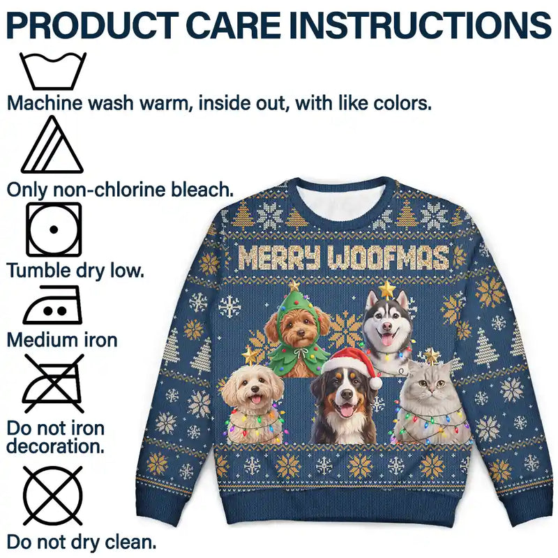Art Design,Christmas,Pet Lovers,Photo - Christmas Accessories 3D Cartoon Pet,Happy - Custom Photo 3D Christmas Themed Pet Feliz Navidog Snowflake Pattern - Personalized Unisex Ugly Sweater