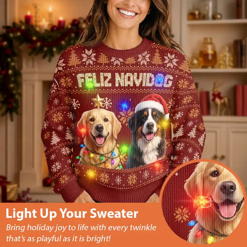 Art Design,Christmas,Pet Lovers,Photo - Christmas Accessories 3D Cartoon Pet,Happy - Custom Photo 3D Christmas Themed Pet Feliz Navidog Snowflake Pattern - Personalized Unisex Ugly Sweater
