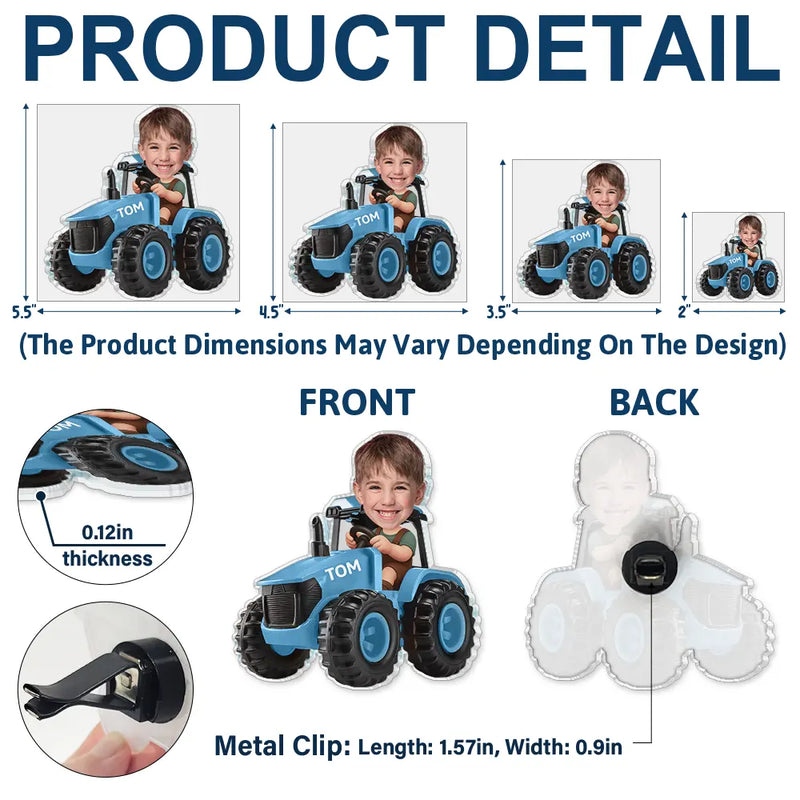 Farm, Gift For Kids, Custom Photo, Happy - Custom Photo 3D Effect Tractor Farmer - Personalized Acrylic Car Vent Clip
