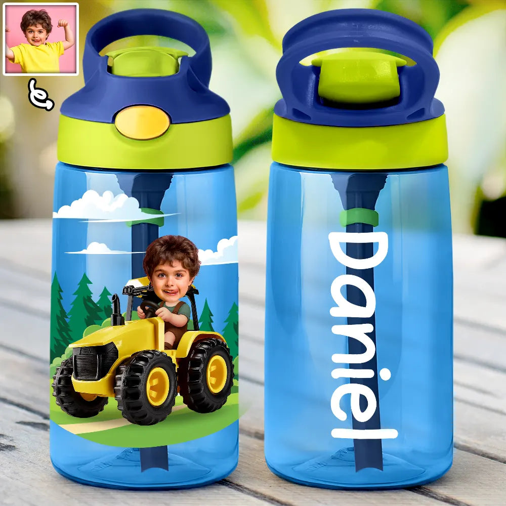 Custom Photo 3D Effect Tractor Farmer - Personalized Kids Water Bottle With Straw