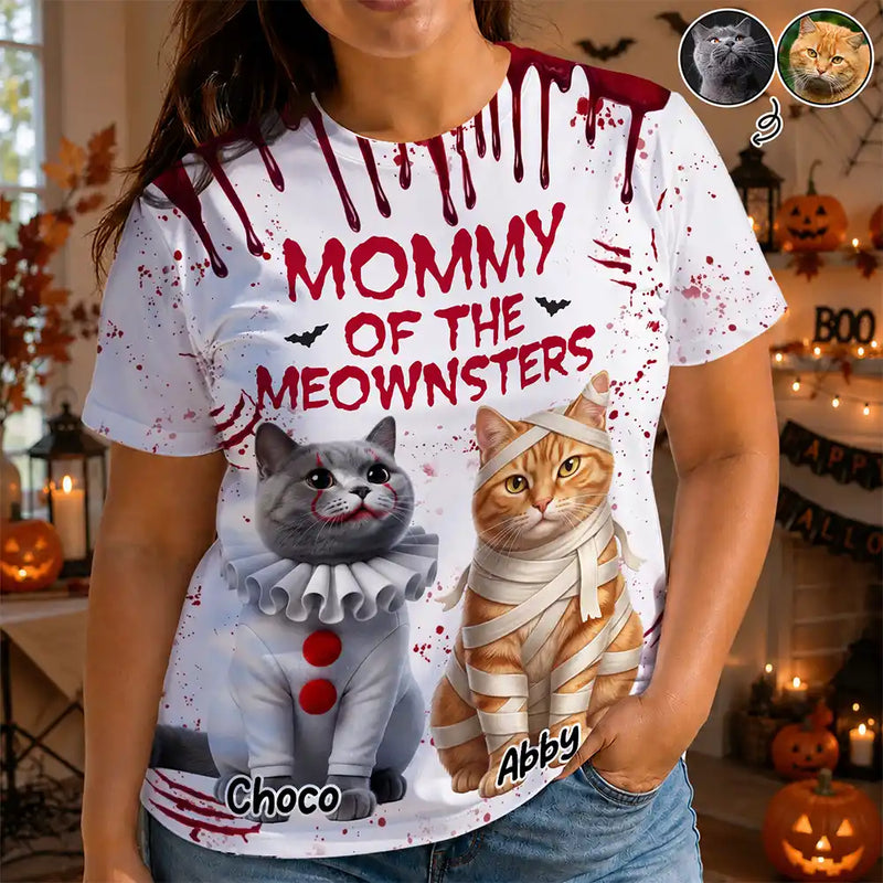 Art Design, Playful, Halloween, Cat Mom, Gift For Mother, Pet Lovers, Photo - Halloween Theme Accessories 3D Cartoon - Custom Photo 3D Halloween Themed Pet Halloween Mommy Daddy Of The Monsters Cats - Personalized Full Print T Shirt