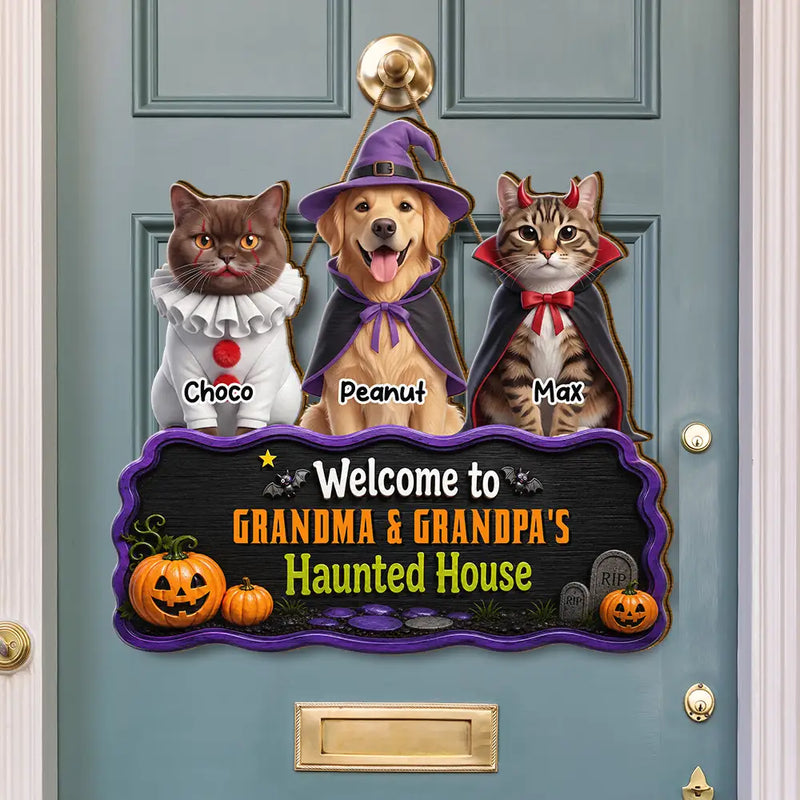 Art Design,Playful,Halloween,Pet Lovers,Photo - Halloween Theme Accessories 3D Cartoon - Custom Photo 3D Halloween Themed Pet Welcome To Haunted House - Personalized Custom Shaped Wood Sign