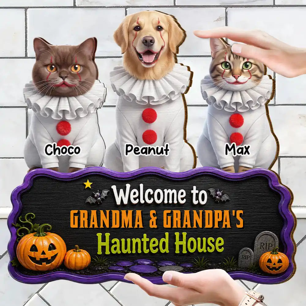 Art Design,Playful,Halloween,Pet Lovers,Photo - Halloween Theme Accessories 3D Cartoon - Custom Photo 3D Halloween Themed Pet Welcome To Haunted House - Personalized Custom Shaped Wood Sign