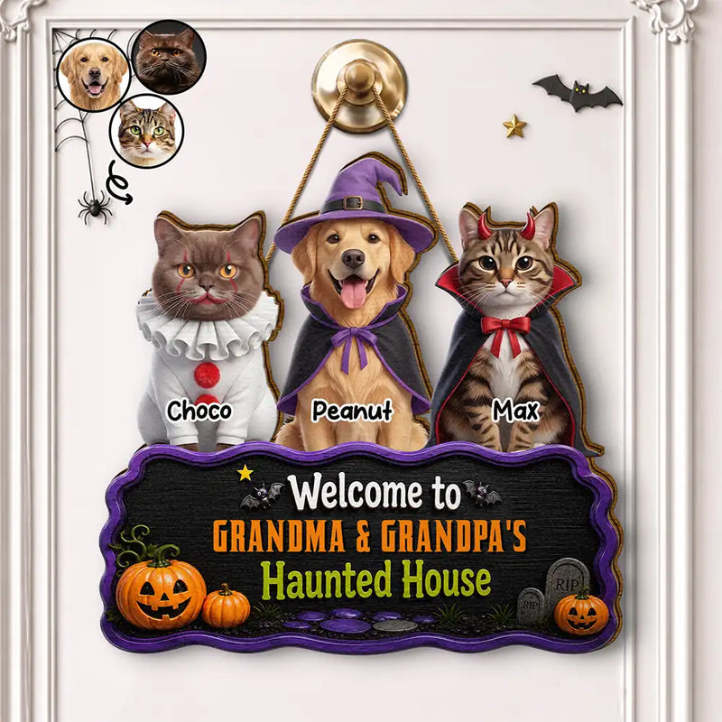 Art Design,Playful,Halloween,Pet Lovers,Photo - Halloween Theme Accessories 3D Cartoon - Custom Photo 3D Halloween Themed Pet Welcome To Haunted House - Personalized Custom Shaped Wood Sign