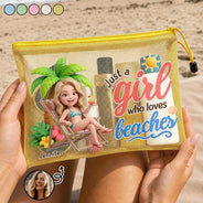 Art Design,Confident,Beach,Gift For Yourself,Summer,Gift For Women,Photo - Beach Chair 3D Effect - Custom Photo 3D Summer Concept Just A Girl Who Loves Beaches - Personalized Mesh Zipper Pouch