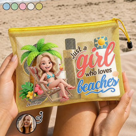 Custom Photo 3D Summer Concept Just A Girl Who Loves Beaches - Personalized Mesh Zipper Pouch