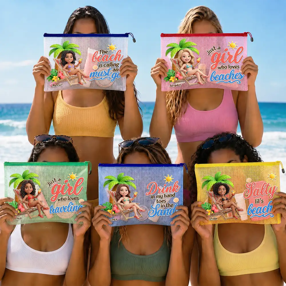 Art Design,Confident,Beach,Gift For Yourself,Summer,Gift For Women,Photo - Beach Chair 3D Effect - Custom Photo 3D Summer Concept Just A Girl Who Loves Beaches - Personalized Mesh Zipper Pouch