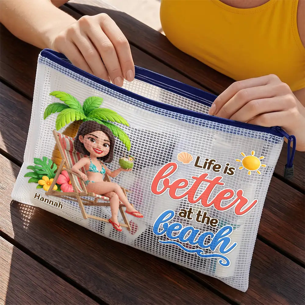 Art Design,Confident,Beach,Gift For Yourself,Summer,Gift For Women,Photo - Beach Chair 3D Effect - Custom Photo 3D Summer Concept Just A Girl Who Loves Beaches - Personalized Mesh Zipper Pouch