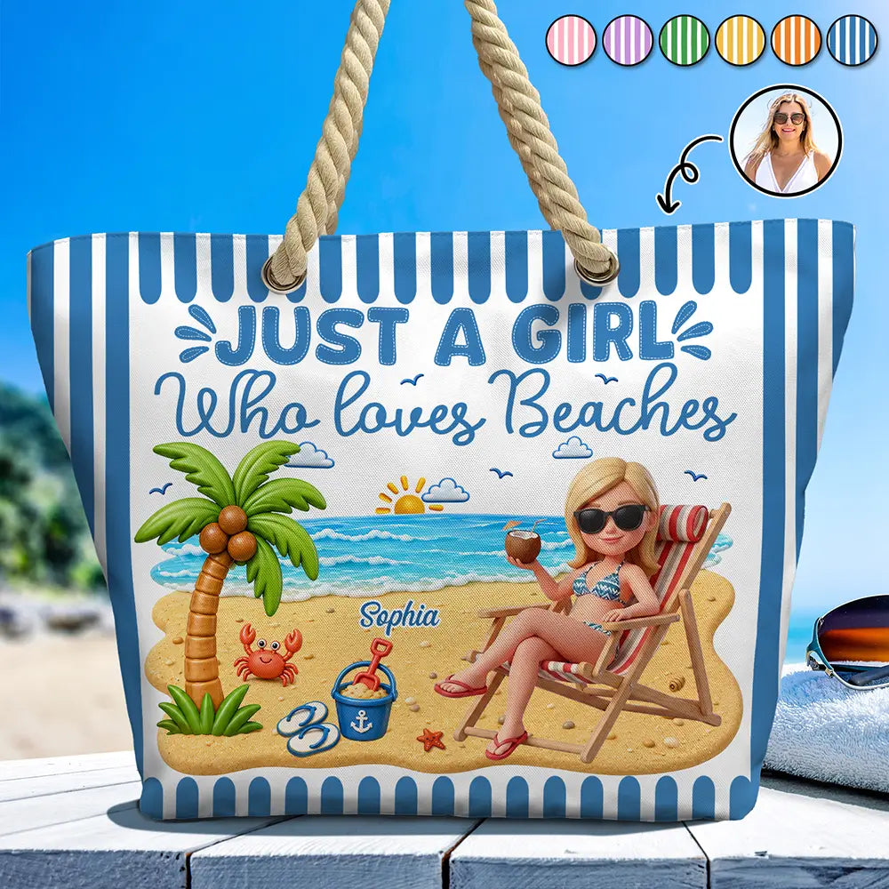 Gift For Yourself, Gift For Women, Custom Photo, Beach, Art Design, Summer, Playful, Photo - Beach Chair 3D Effect - Custom Photo 3D Summer Concept Just A Girl Who Loves Beaches - Personalized Beach Bag