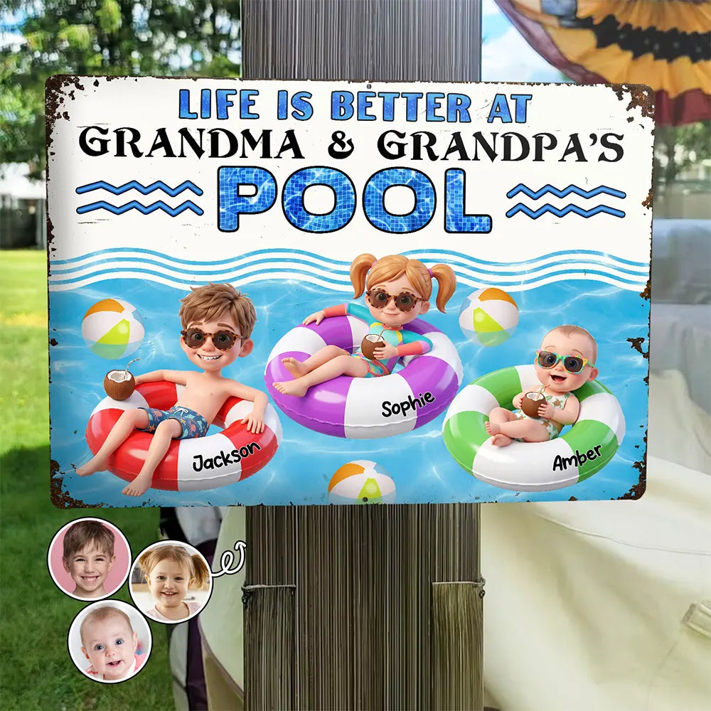 Adorable, Art Design, Gift For Grandchildren, Gift For Grandkids, Gift For Grandma, Custom Photo, Grandma - Grandkids, Summer, Photo - Swimming Float 3D Effect - Custom Photo 3D Summer Concept Life Is Better At Grandma & Grandpa Pool - Personalized Classic Metal Signs