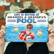 Adorable, Art Design, Gift For Grandchildren, Gift For Grandkids, Gift For Grandma, Custom Photo, Grandma - Grandkids, Summer, Photo - Swimming Float 3D Effect - Custom Photo 3D Summer Concept Life Is Better At Grandma & Grandpa Pool - Personalized Classic Metal Signs