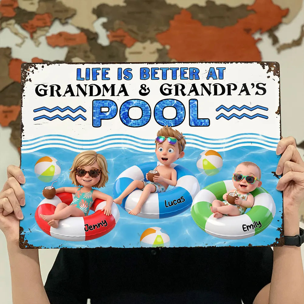 Adorable, Art Design, Gift For Grandchildren, Gift For Grandkids, Gift For Grandma, Custom Photo, Grandma - Grandkids, Summer, Photo - Swimming Float 3D Effect - Custom Photo 3D Summer Concept Life Is Better At Grandma & Grandpa Pool - Personalized Classic Metal Signs