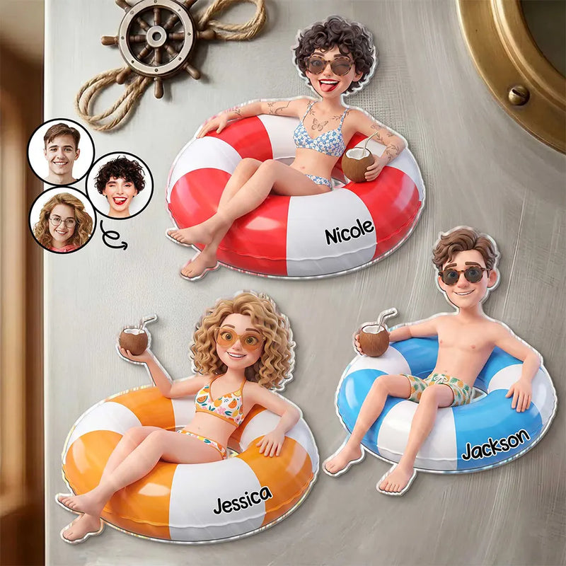 Custom Photo, Art Design, Summer, Family, Cruising, Adorable, Photo - Swimming Float 3D Effect - Custom Photo 3D Summer Concept Swimming Float Cruising - Personalized Acrylic Magnet