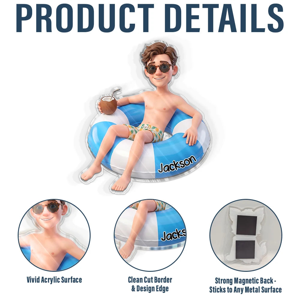 Custom Photo, Art Design, Summer, Family, Cruising, Adorable, Photo - Swimming Float 3D Effect - Custom Photo 3D Summer Concept Swimming Float Cruising - Personalized Acrylic Magnet
