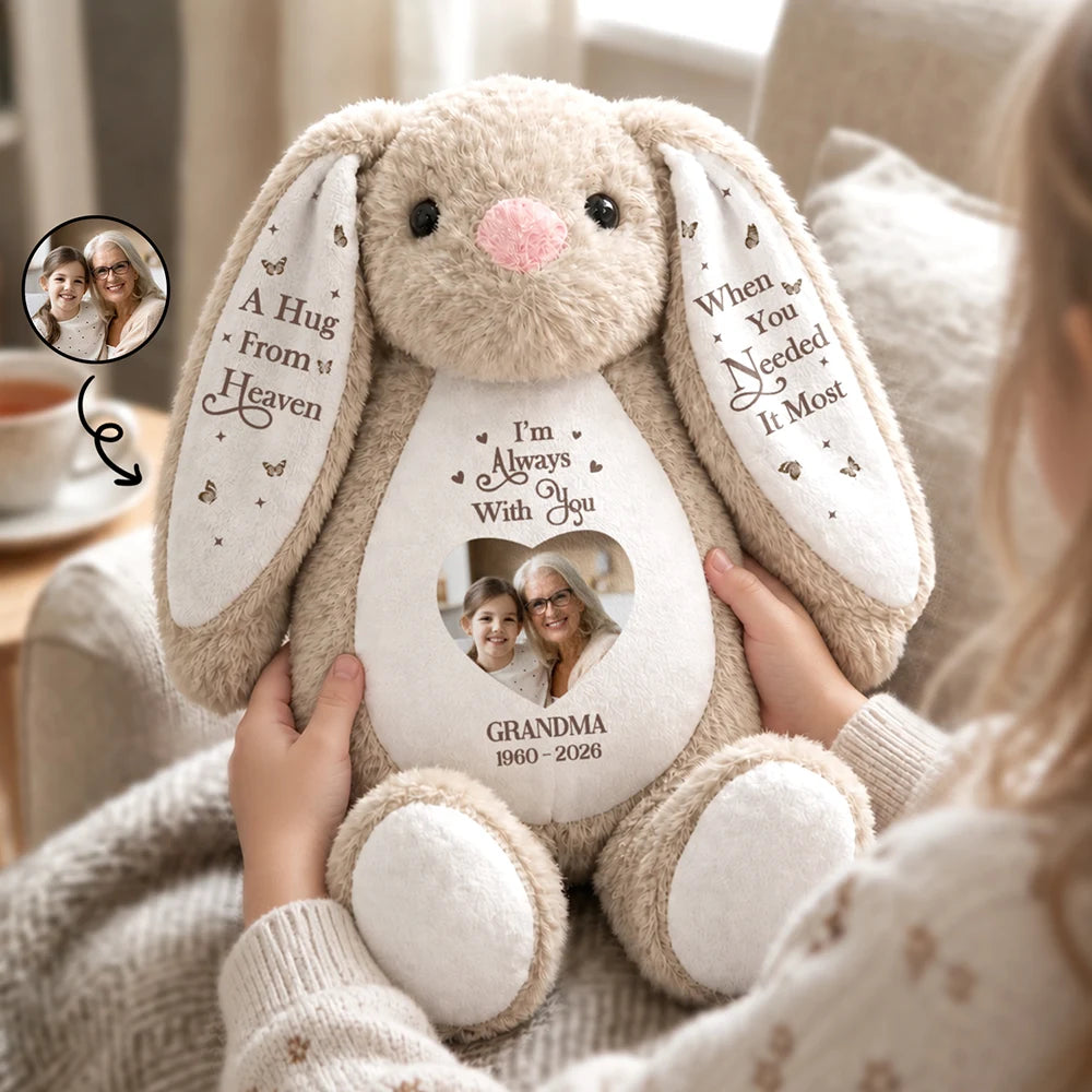 Memorial Loved One,Christmas,Custom Photo,Sympathetic,Gift For Kids,Memorial,Upload Full Photo - Custom Photo A Hug From Heaven Memorial Gift For Kids Loss Of A Loved One - Personalized Soft Toy Bunny